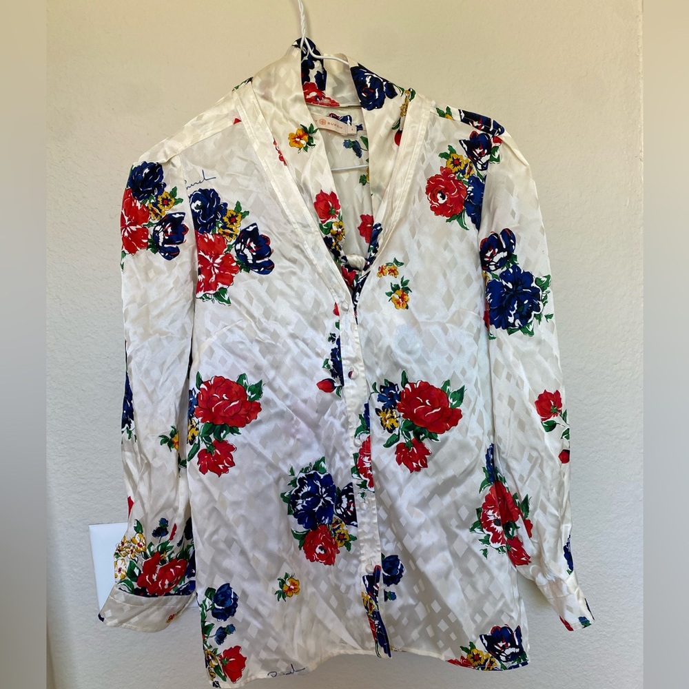 Tory Burch White Floral Blouse with Red and Blue Accents